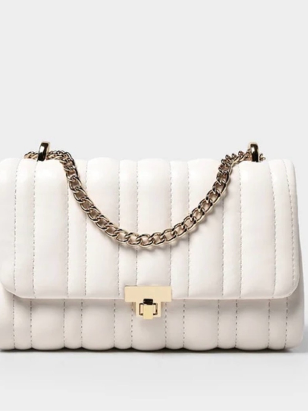 Zara Quilted Shoulder Bag with Gold Chain — White